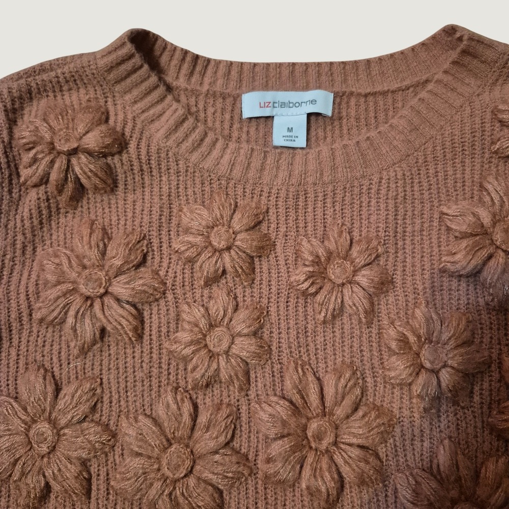Liz Claiborne Sweater Womens M 3D Floral Applique Puff Sleeve Dusty Rose Knit
